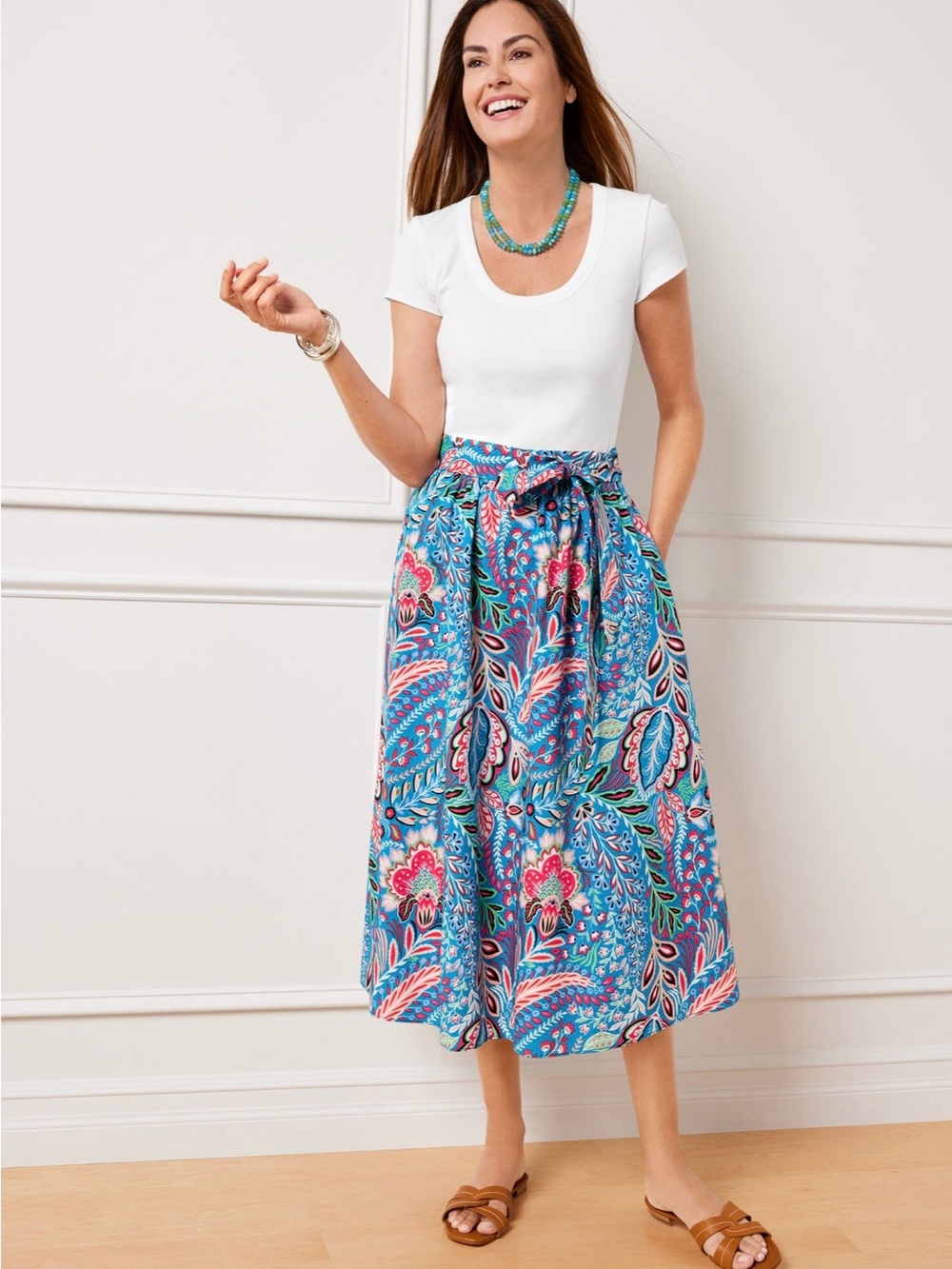 Talbots Blue Paisley A-Line Midi Skirt with Pink & Teal Accents